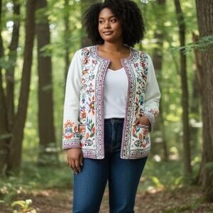 Vintage Koret Blazer Embroidered cotton/linen Open front Size Plus 18W